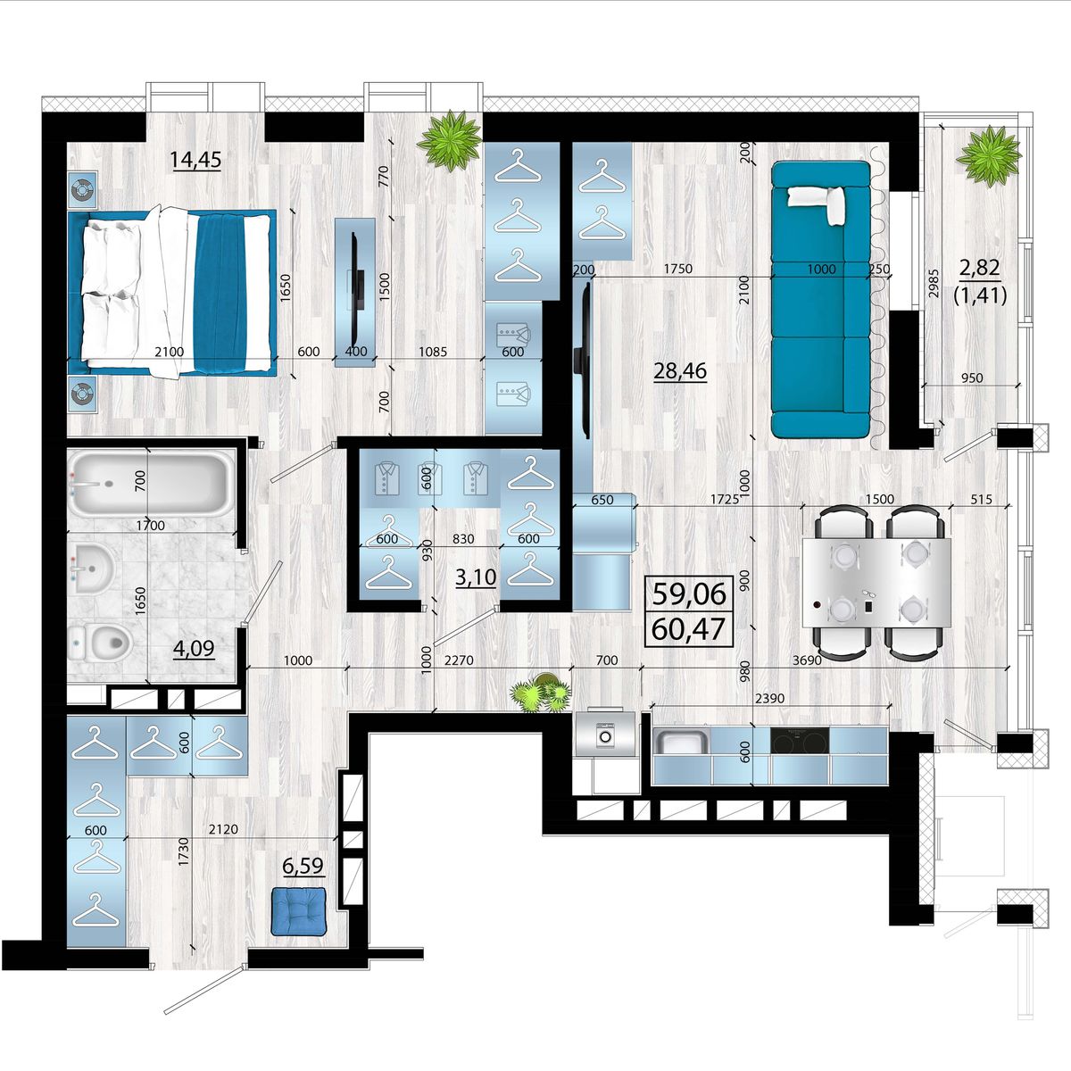 3-комнатная, 60.47 м², № 87 в Panorama (Панорама)