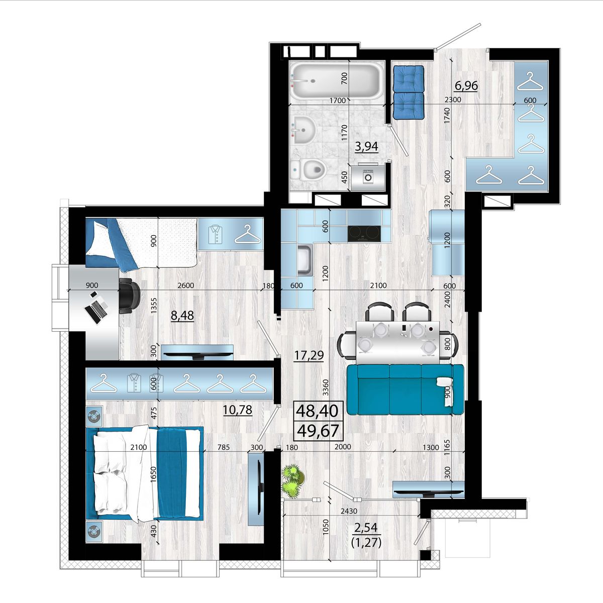3-комнатная, 49.67 м², № 138 в Panorama (Панорама)