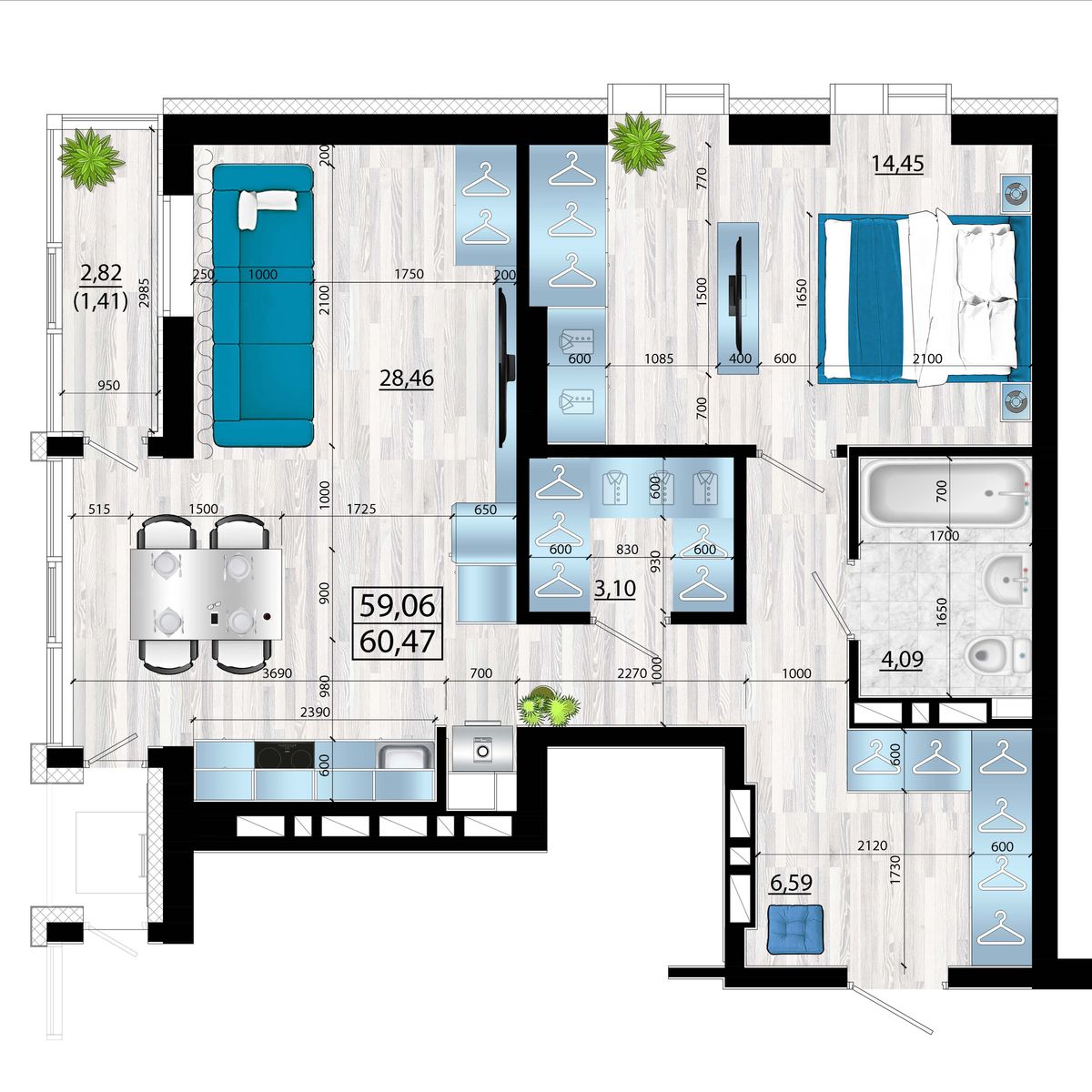 3-комнатная, 60.47 м², № 64 в Panorama (Панорама)