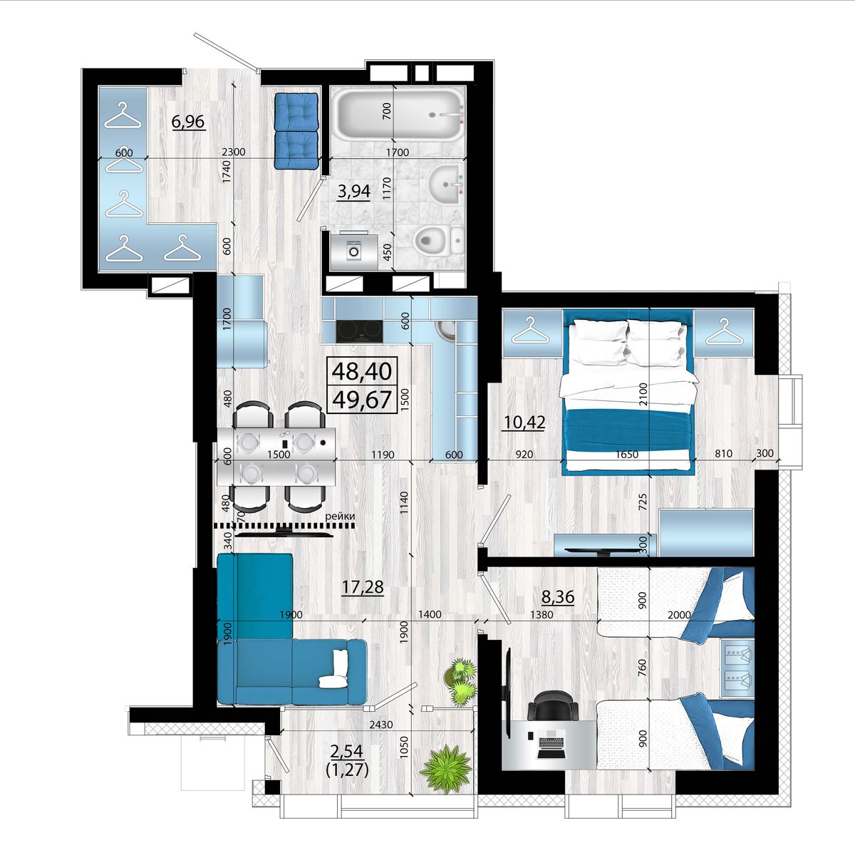 3-комнатная, 49.67 м², № 133 в Panorama (Панорама)