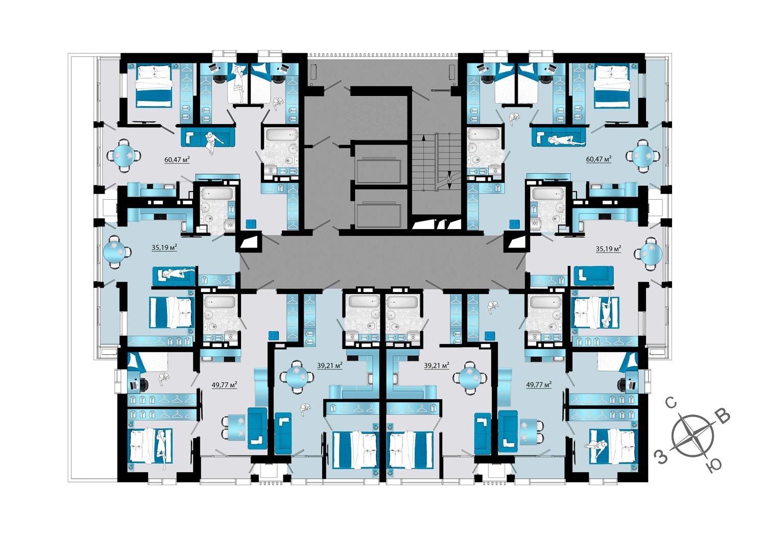 3-комнатная, 60.47 м², № 64 в Panorama (Панорама)