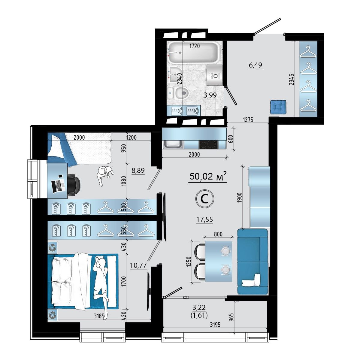 3-комнатная, 50.02 м², № 103 в Panorama (Панорама)