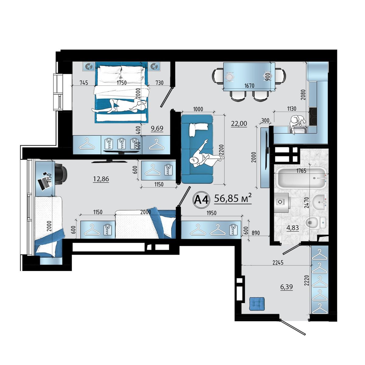 3-комнатная, 56.85 м², № 10 в Panorama (Панорама)