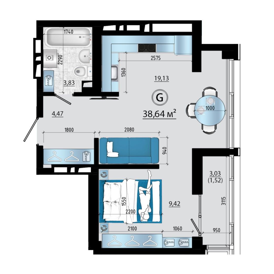 1-комнатная, 38.63 м², № 115 в Panorama (Панорама)