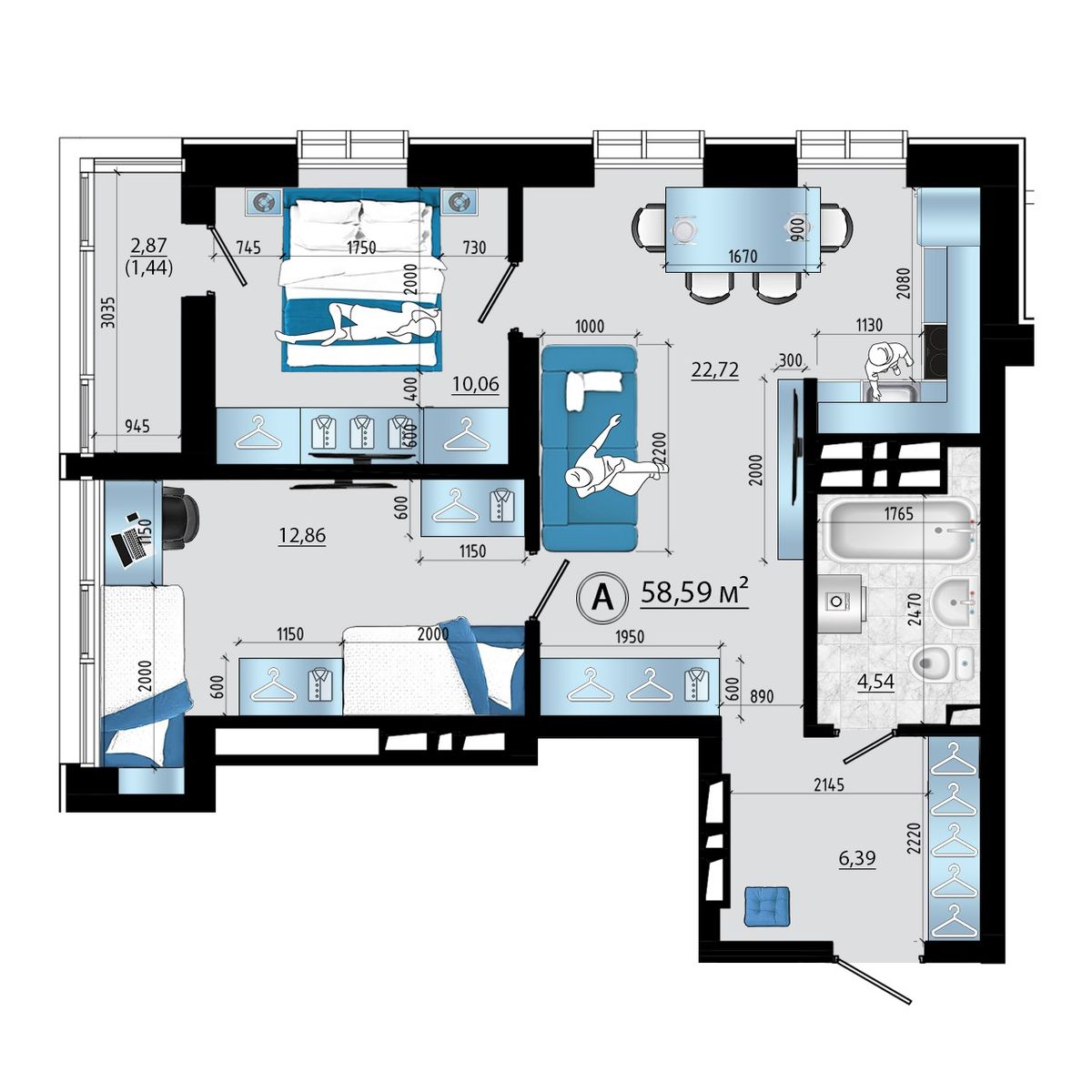 3-комнатная, 58.59 м², № 109 в Panorama (Панорама)