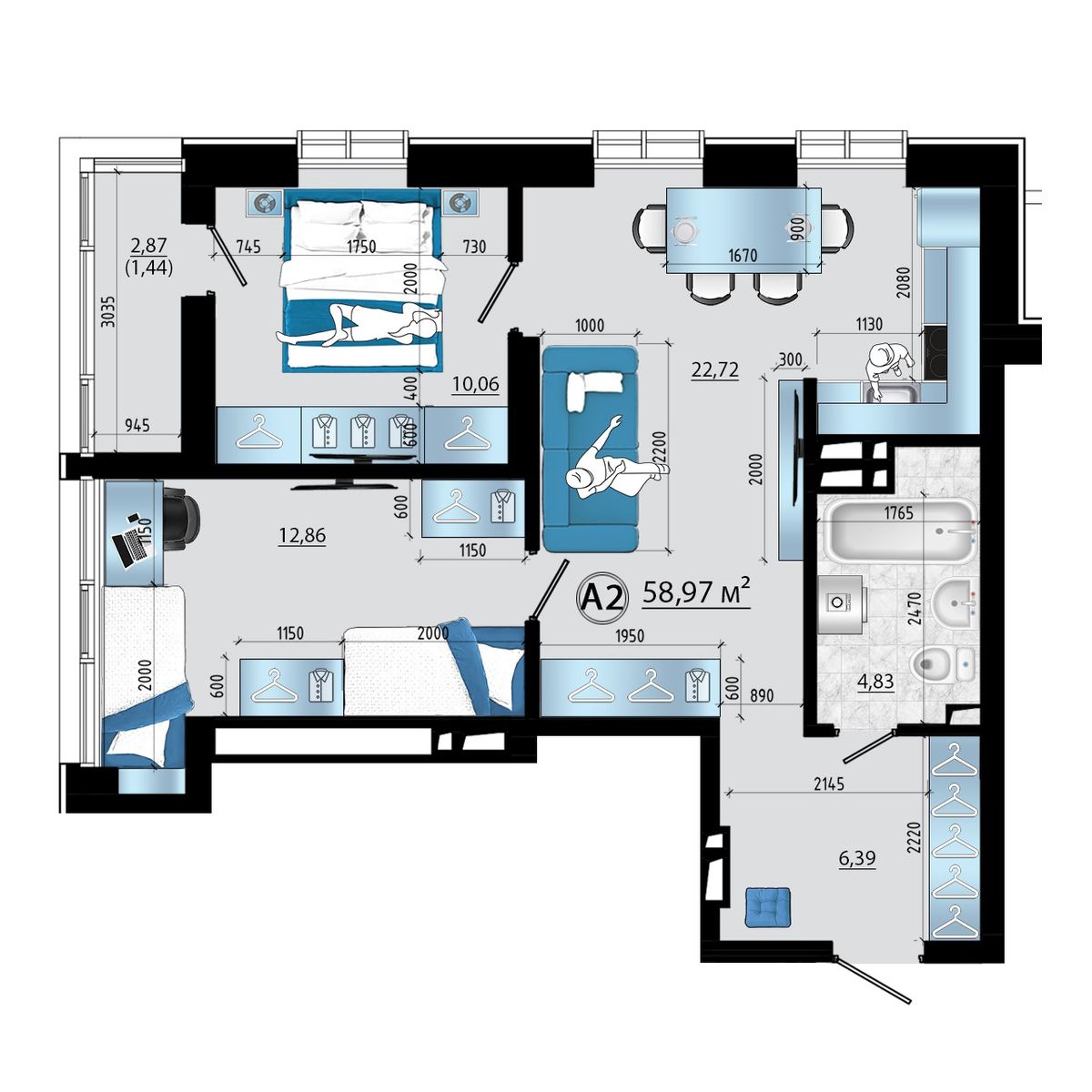 3-комнатная, 58.97 м², № 29 в Panorama (Панорама)