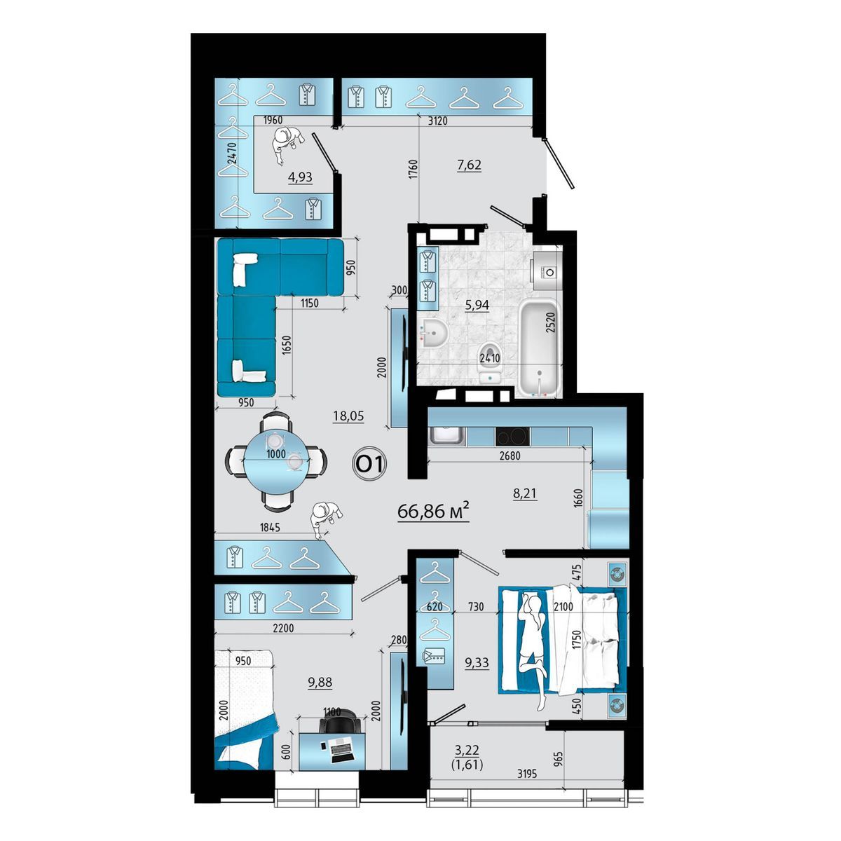 3-комнатная, 66.86 м², № 1 в Panorama (Панорама)