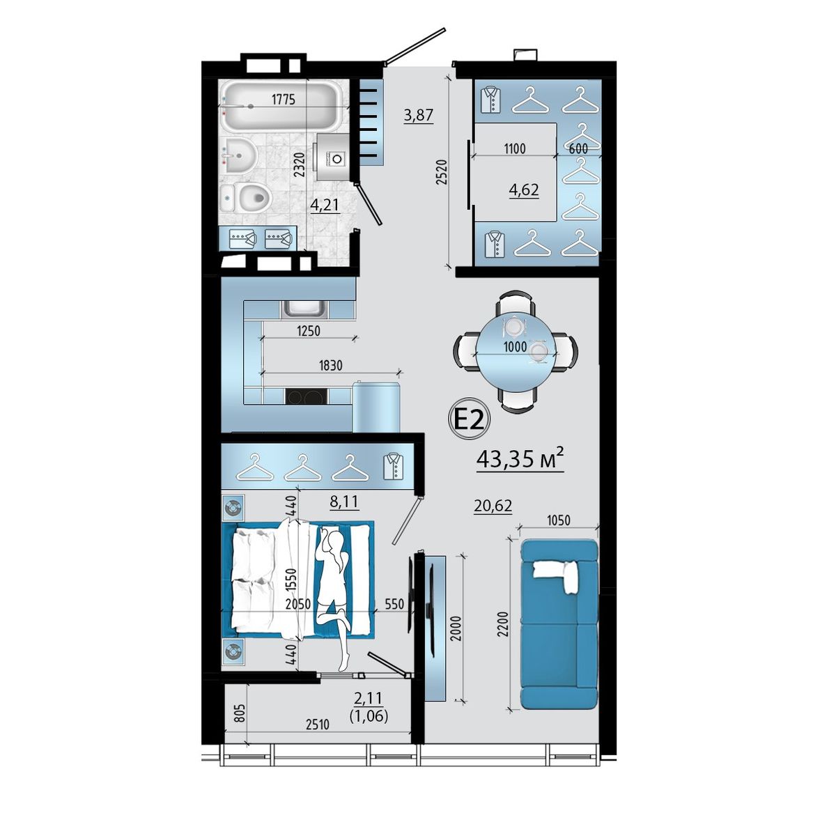 2-комнатная, 43.34 м², № 3 в Panorama (Панорама)