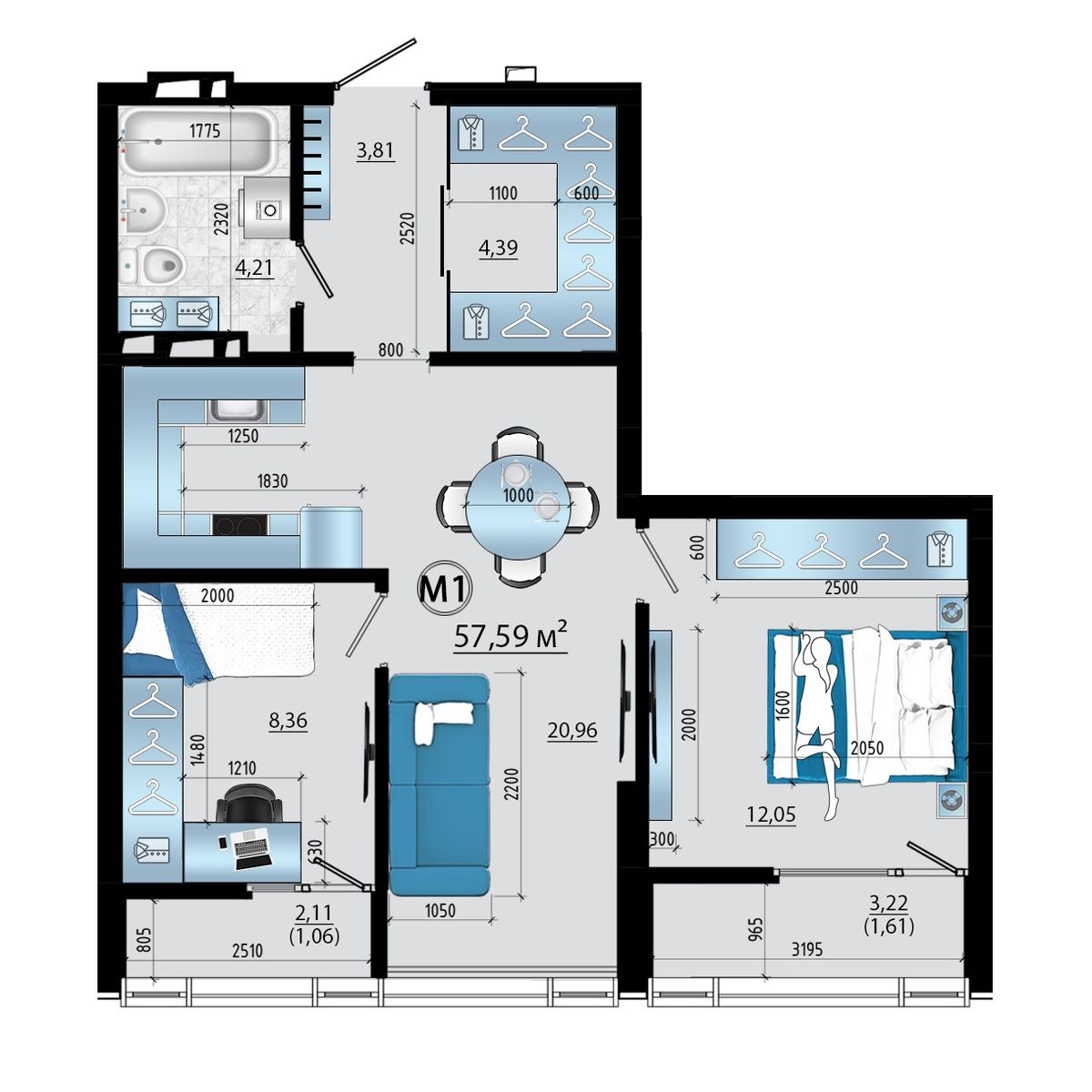 3-комнатная, 57.59 м², № 14 в Panorama (Панорама)
