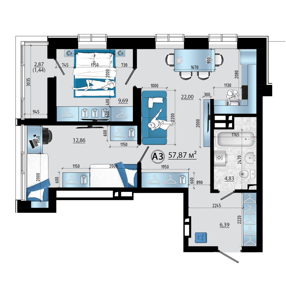 3-комнатная, 57.87 м², № 15 в Panorama (Панорама)