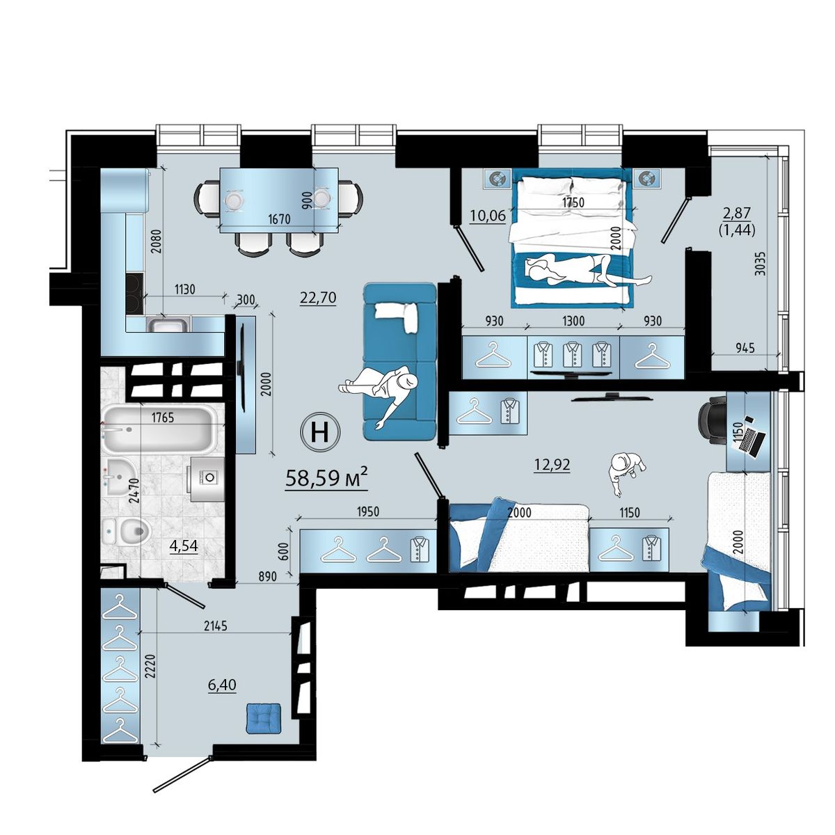3-комнатная, 58.59 м², № 116 в Panorama (Панорама)