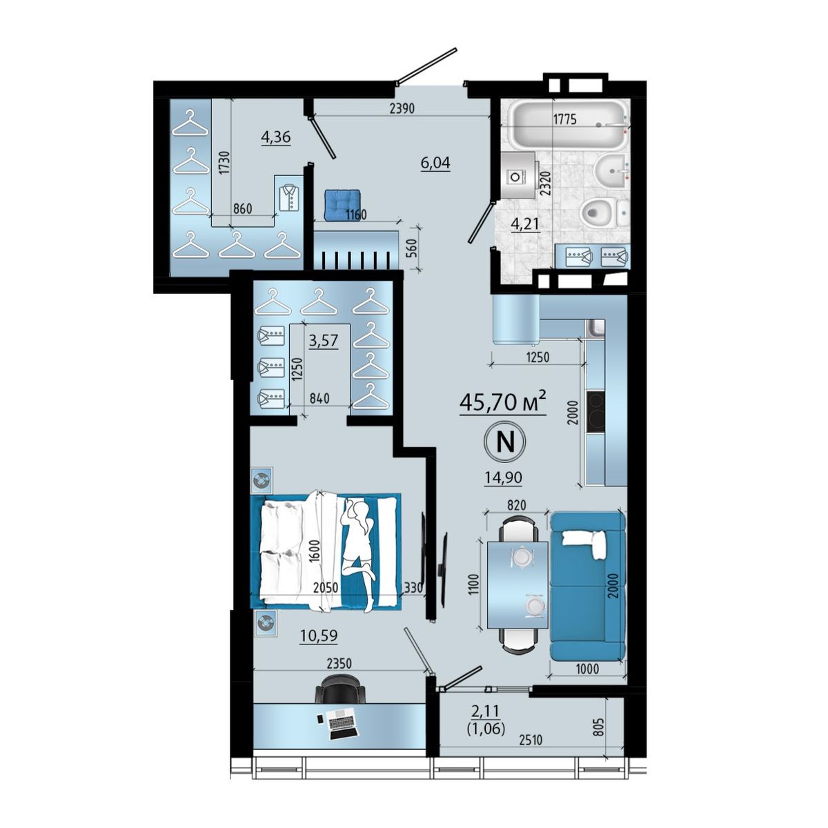 2-комнатная, 45.7 м², № 2 в Panorama (Панорама)