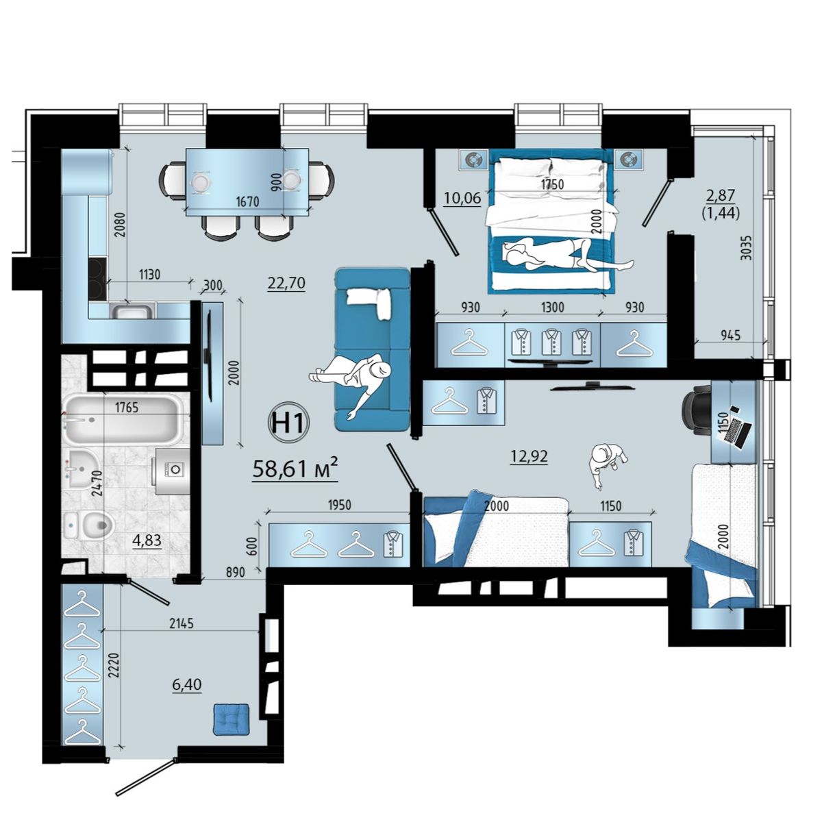 3-комнатная, 58.61 м², № 92 в Panorama (Панорама)