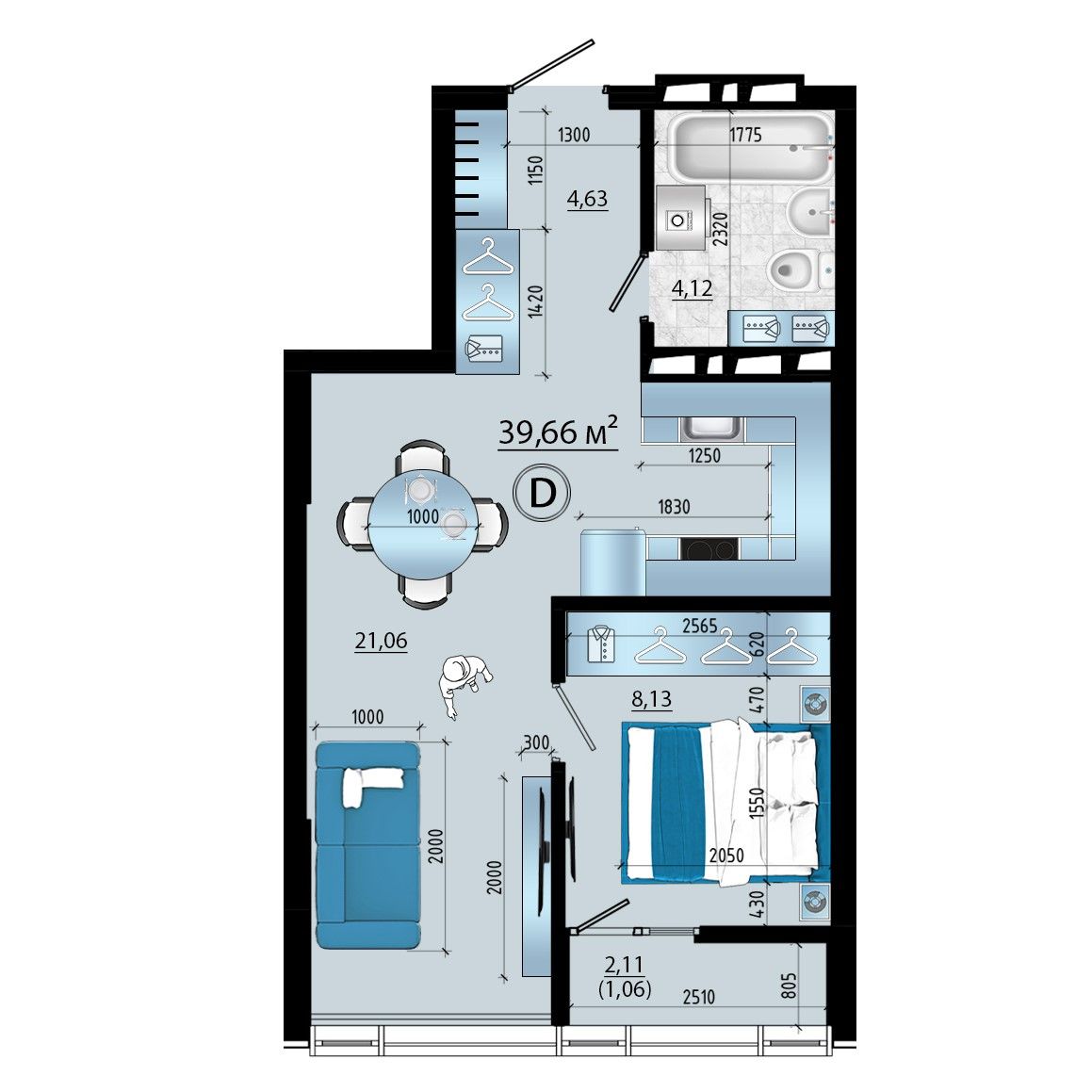 2-комнатная, 39.66 м², № 88 в Panorama (Панорама)