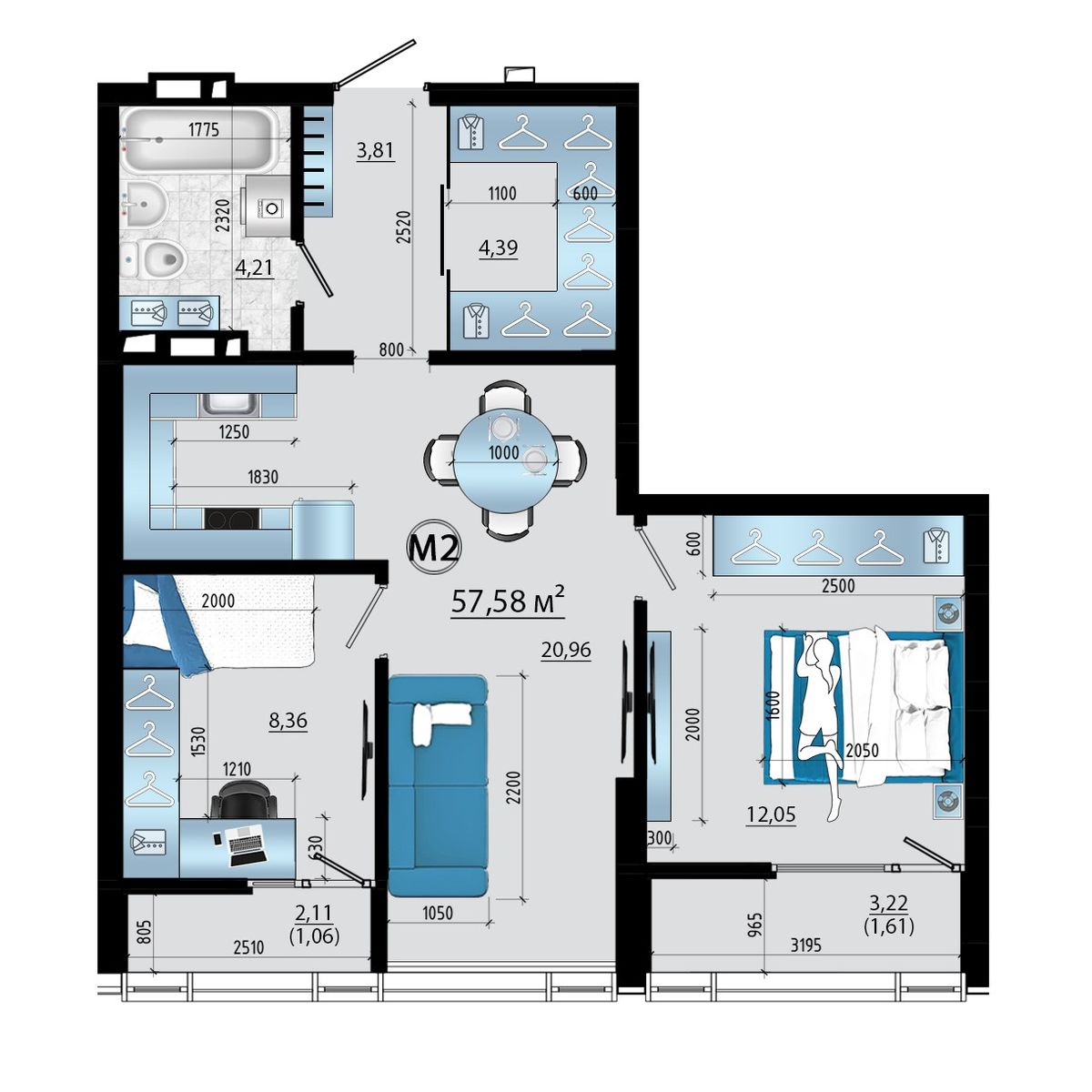3-комнатная, 57.57 м², № 6 в Panorama (Панорама)