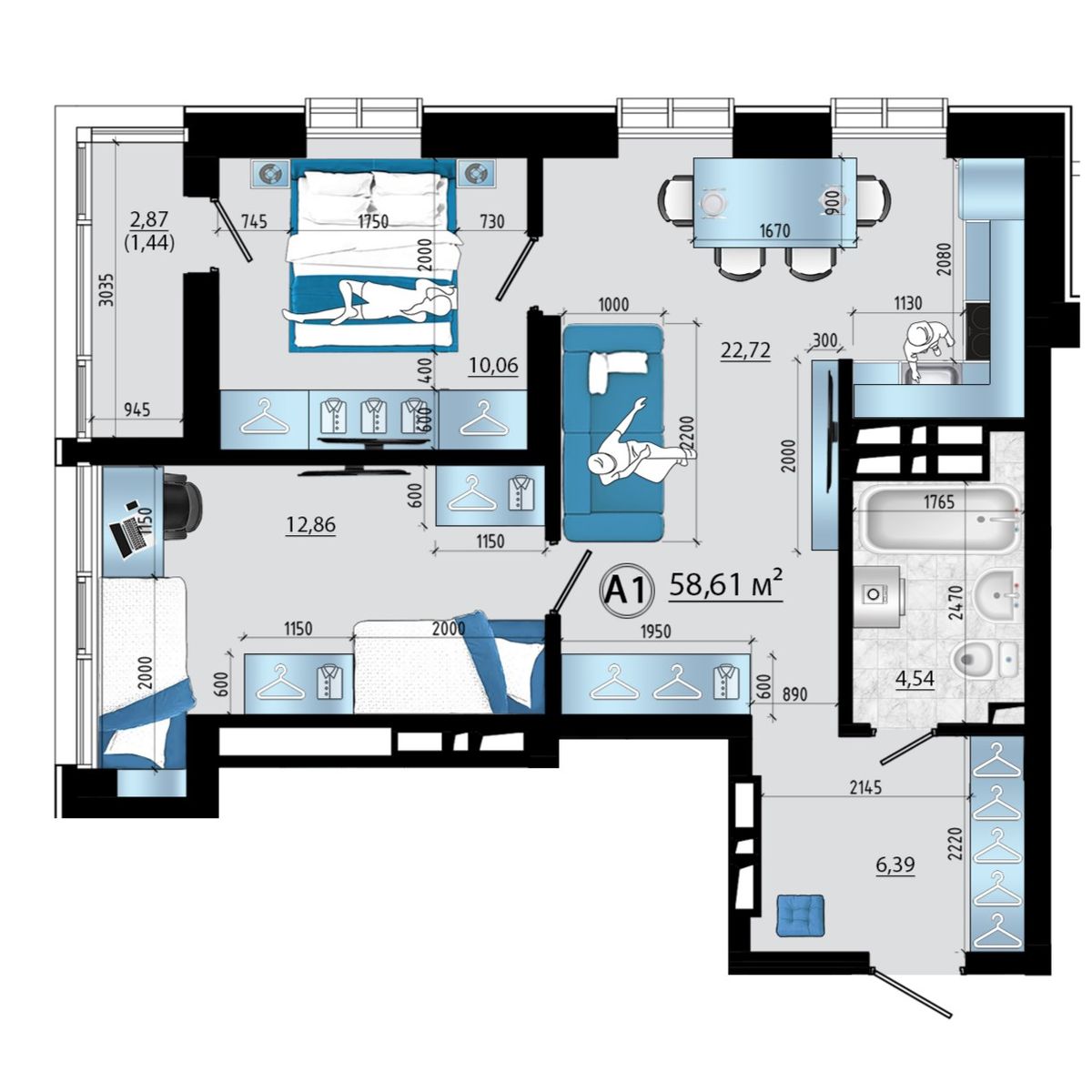 3-комнатная, 58.61 м², № 101 в Panorama (Панорама)