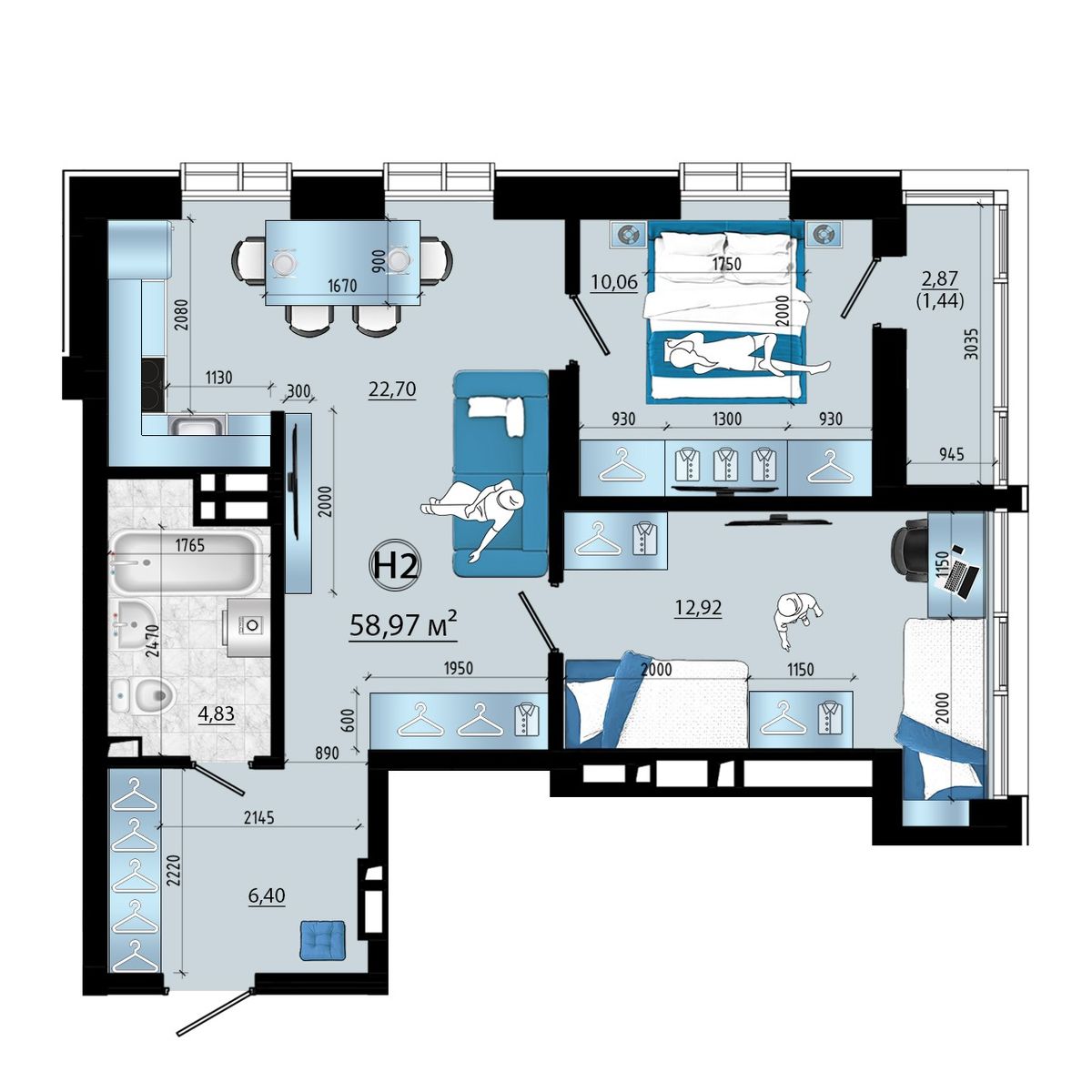 3-комнатная, 58.97 м², № 60 в Panorama (Панорама)