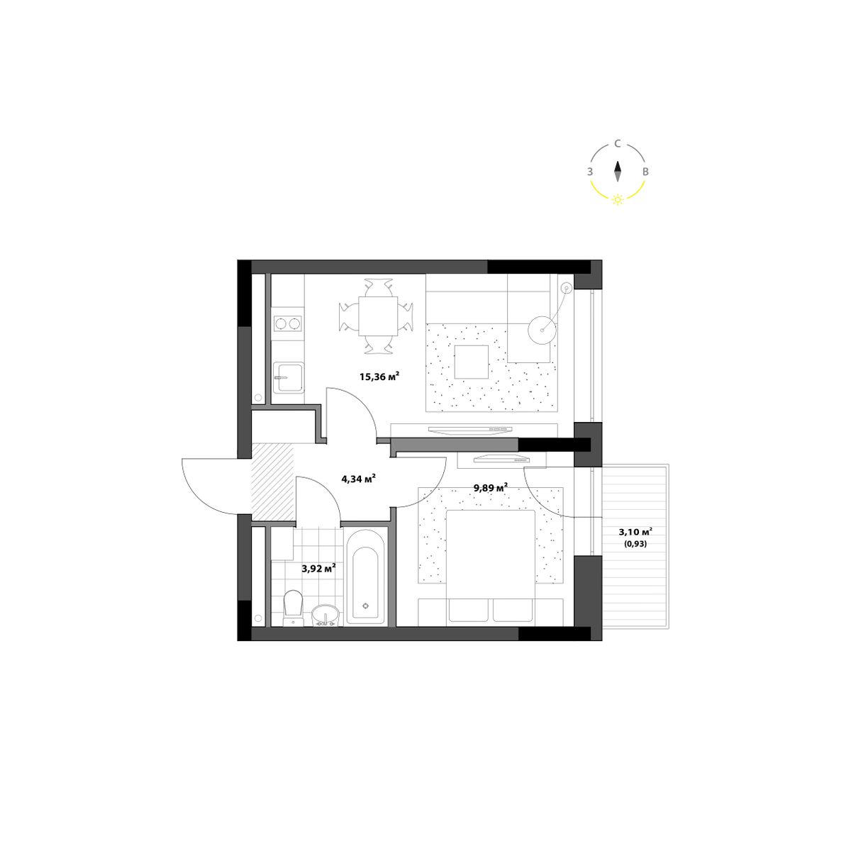 1-комнатная, 34.44 м² 1