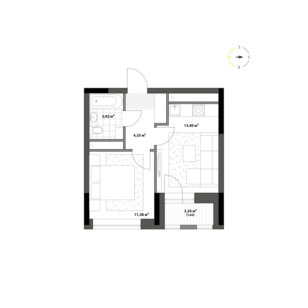 1-комнатная, 34.65 м² 1
