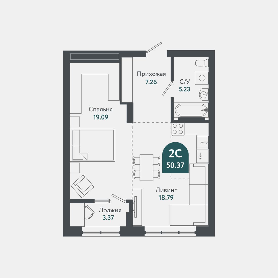 2-комнатная, 49.8 м², № В1808 в Тихомиров