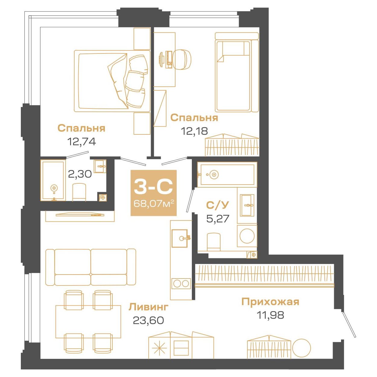 3-комнатная, 68.07 м², № А0603 в Пульсар