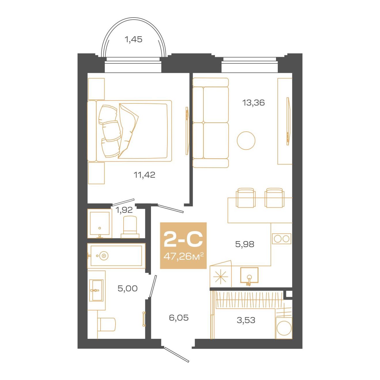 2-комнатная, 47.26 м², № В0605 в Пульсар