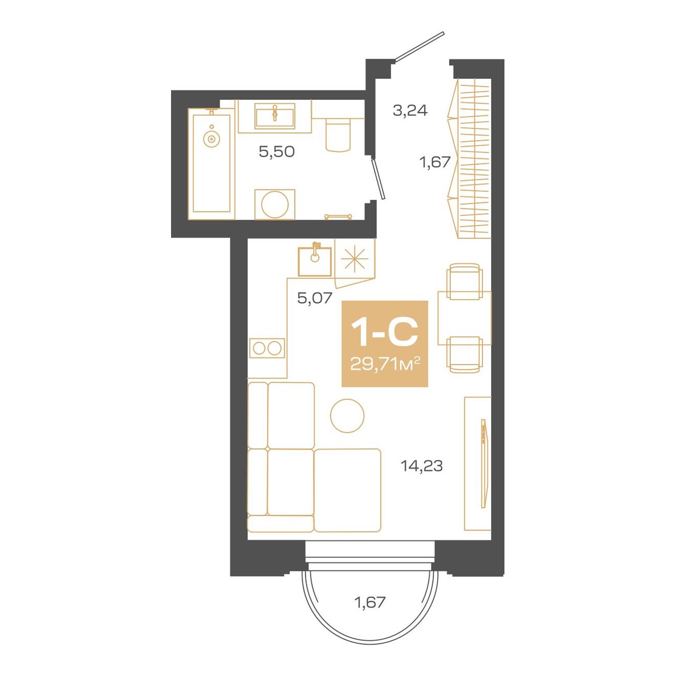 Студия, 29.71 м², № В1201 в Пульсар