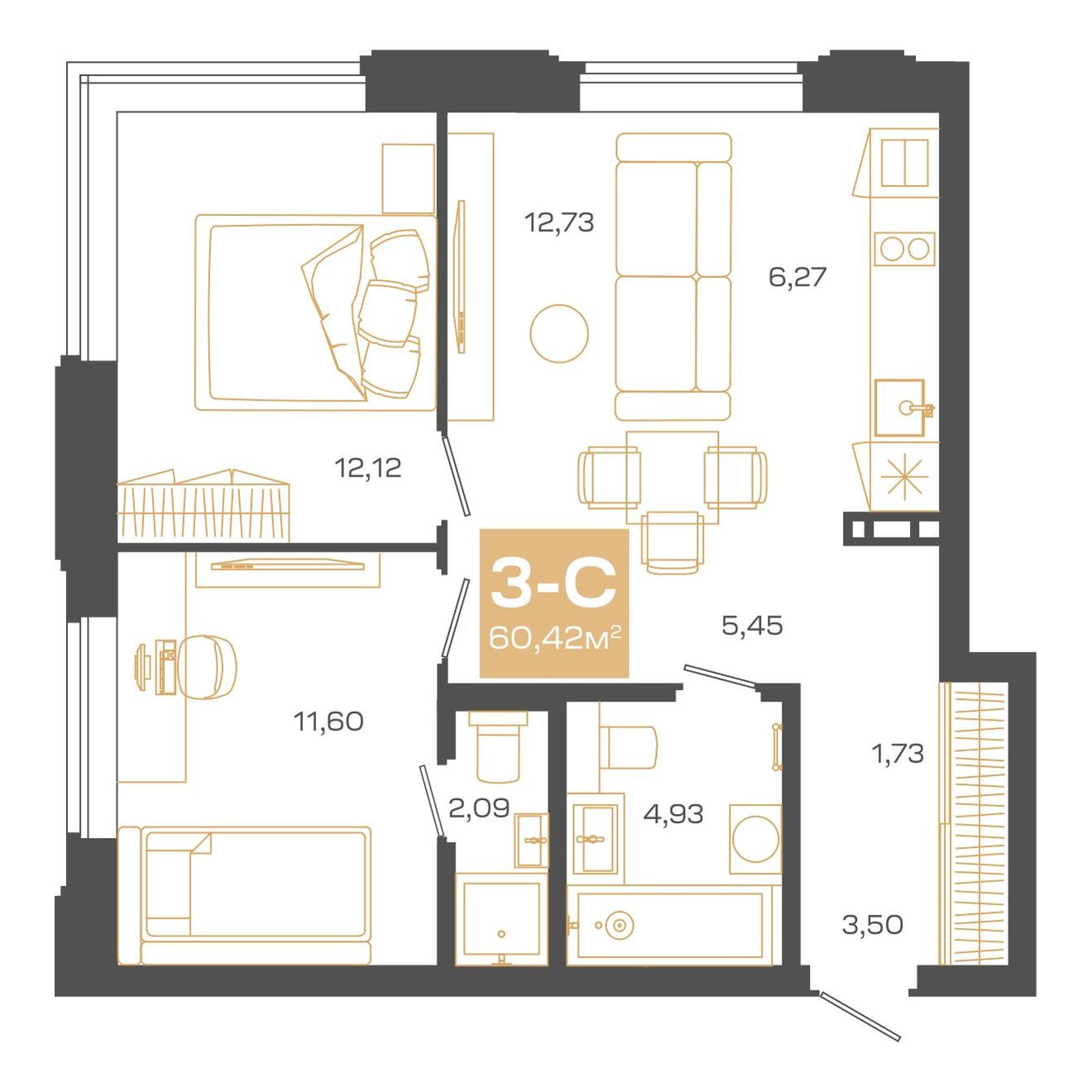 3-комнатная, 60.42 м², № В0603 в Пульсар