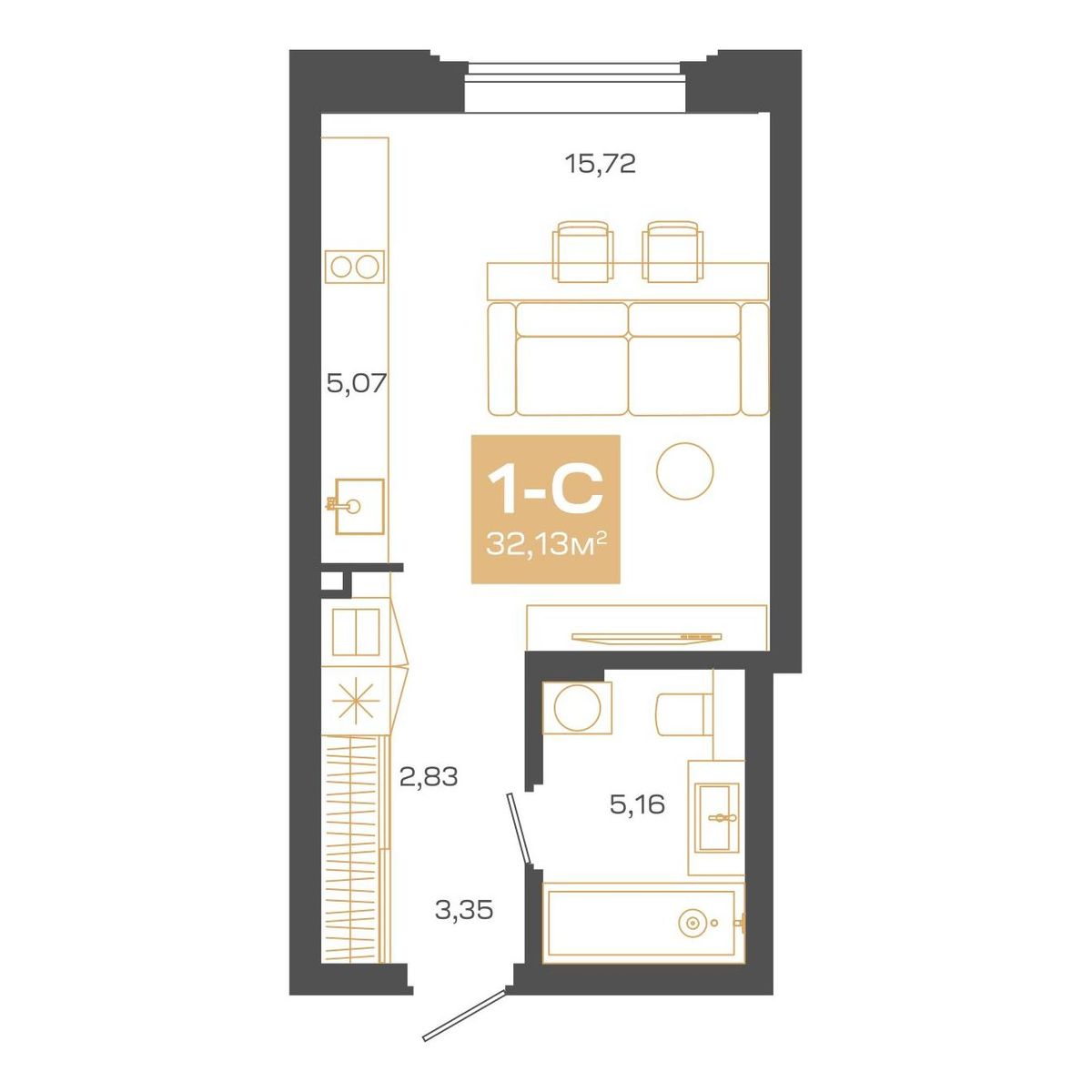 Студия, 32.13 м², № В1307 в Пульсар