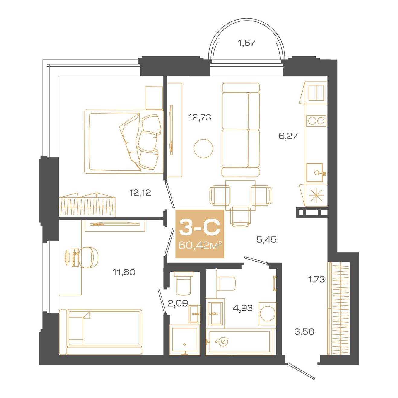 3-комнатная, 60.42 м², № В0803 в Пульсар