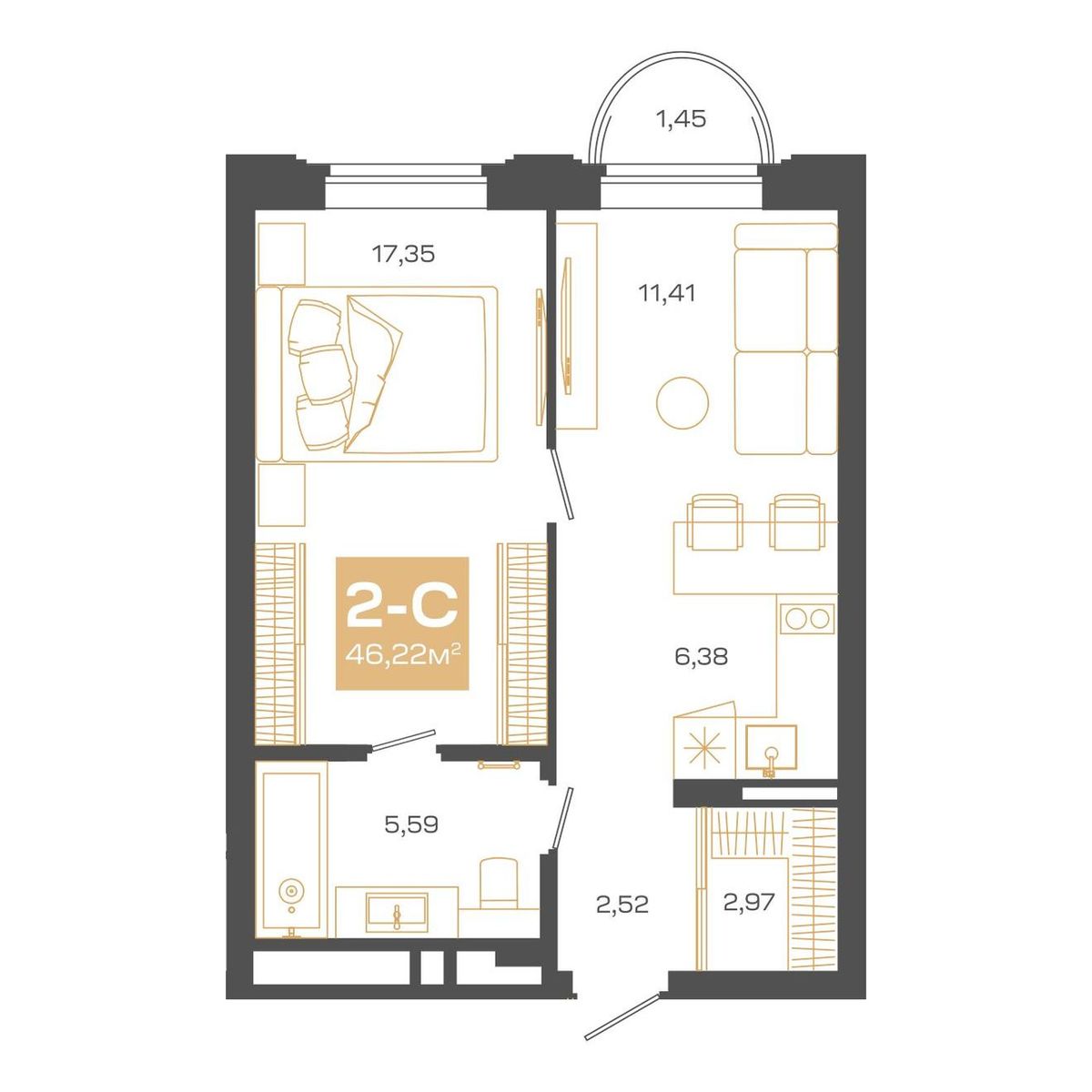 2-комнатная, 46.22 м², № В1306 в Пульсар