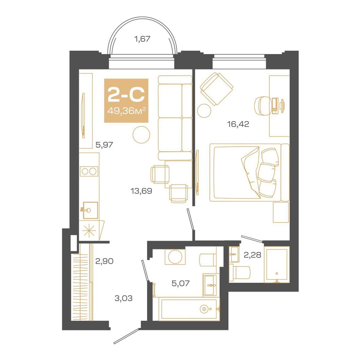 2-комнатная, 49.36 м², № В1308 в Пульсар