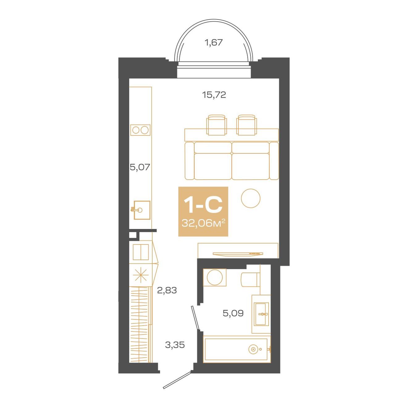 Студия, 32.06 м², № В1807 в Пульсар