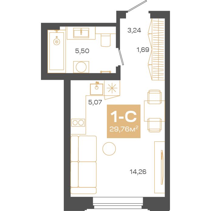 Студия, 29.71 м², № В1101 в Пульсар
