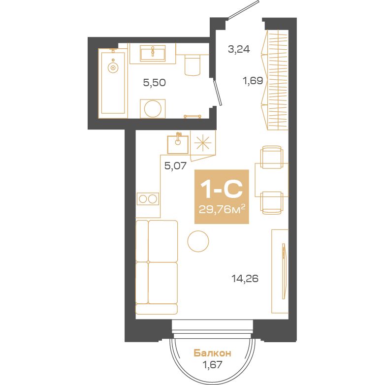 Студия, 29.71 м², № В0901 в Пульсар