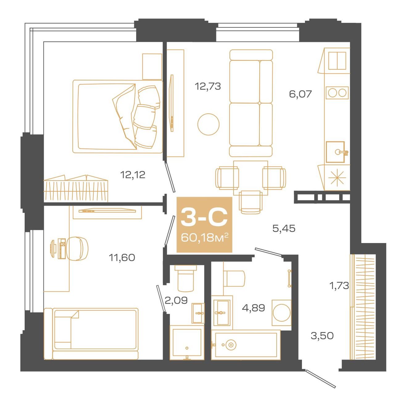 3-комнатная, 60.18 м², № В1803 в Пульсар