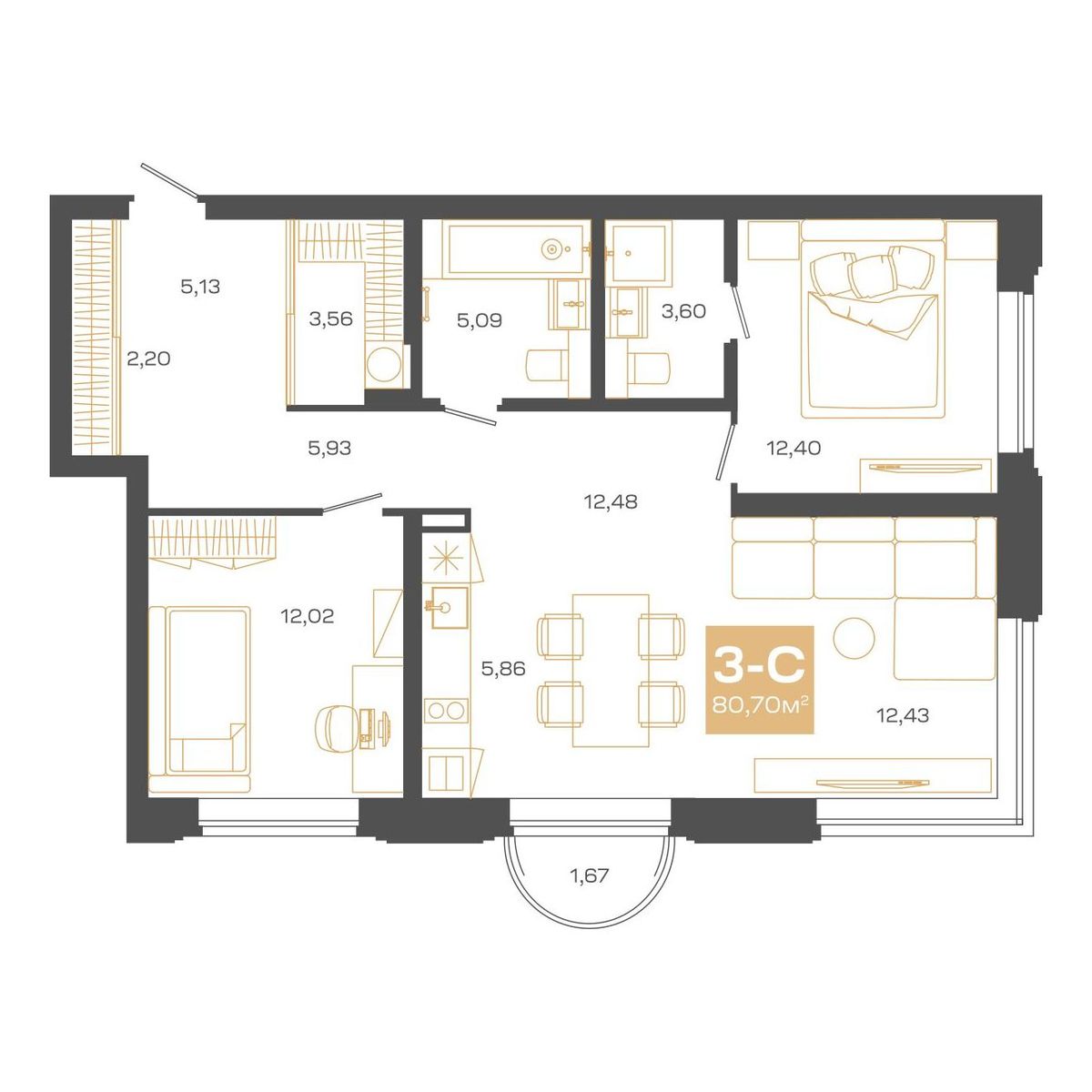 3-комнатная, 80.7 м², № В1310 в Пульсар