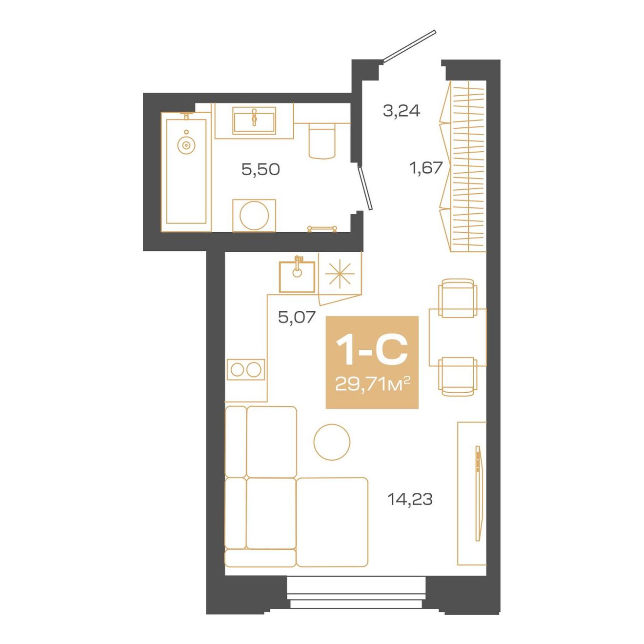 Студия, 29.71 м², № В0601 в Пульсар