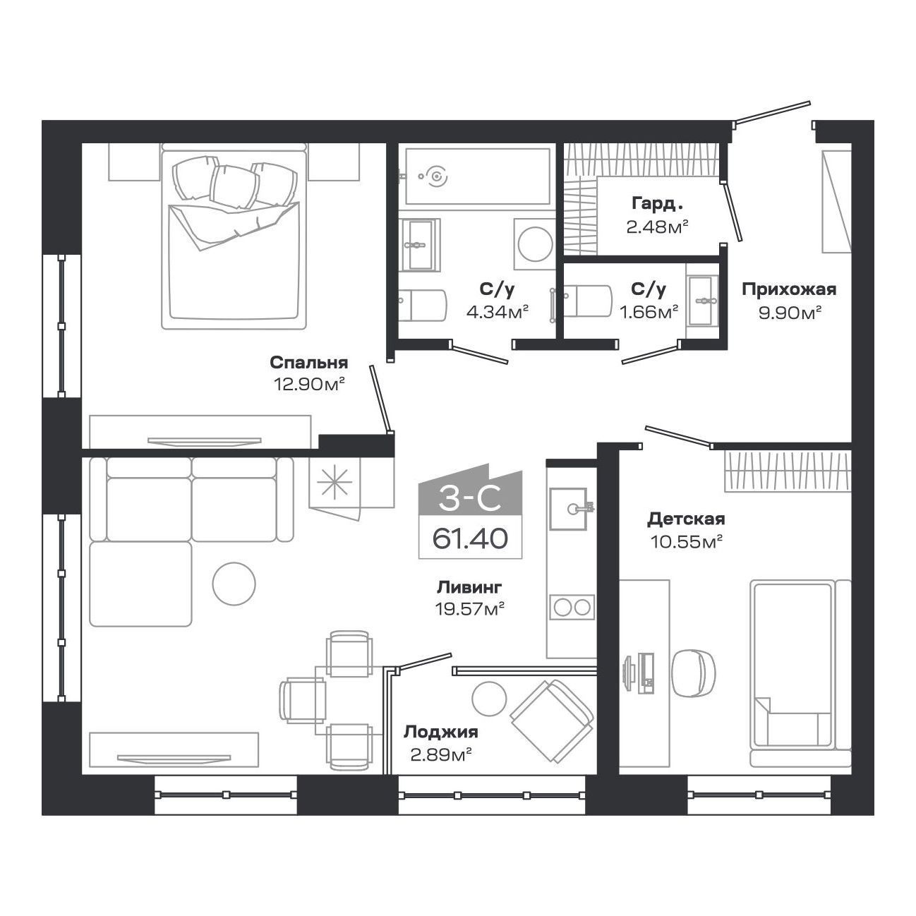 3-комнатная, 60.5 м², № 93 в Базилик