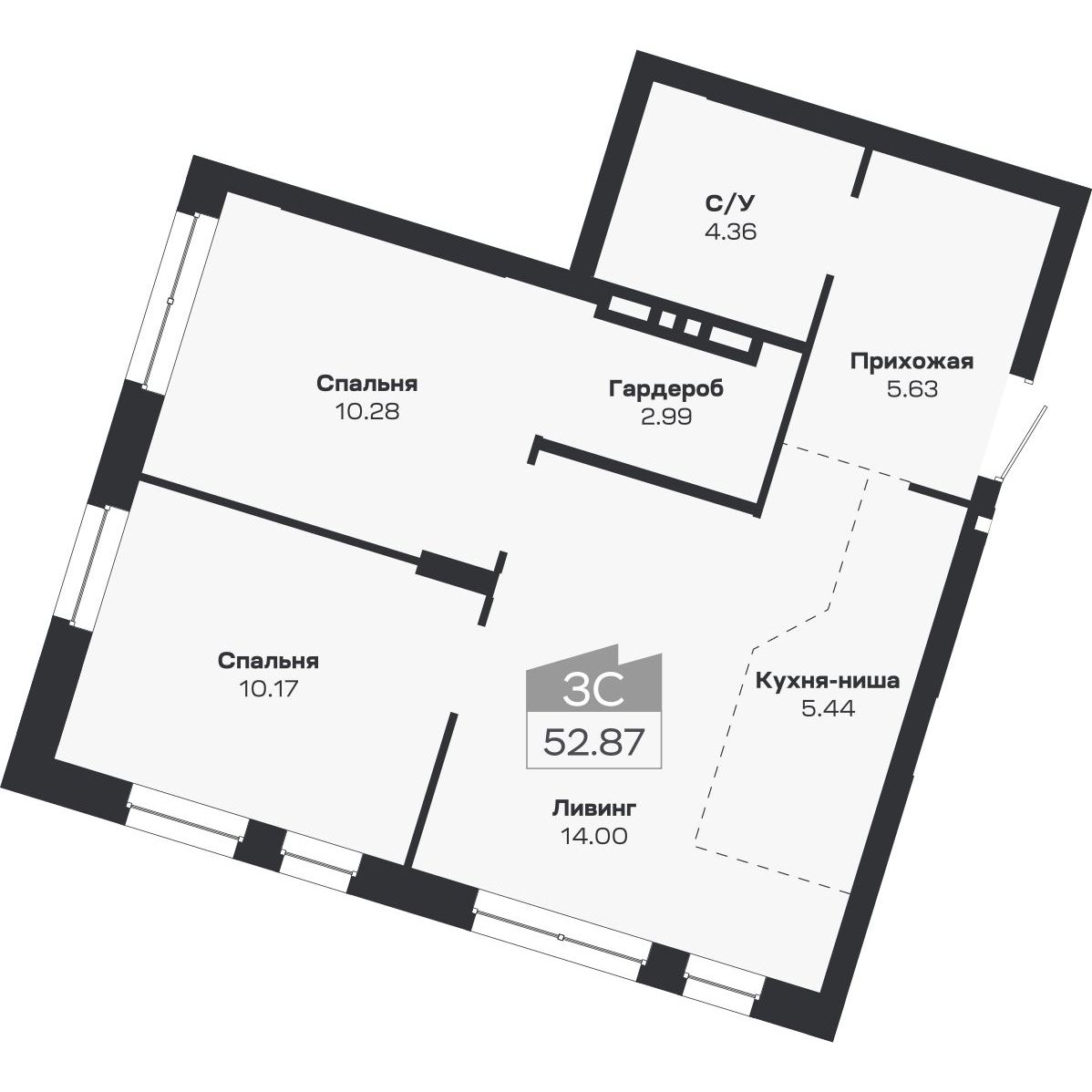 3-комнатная, 52.87 м², № 33 в Базилик