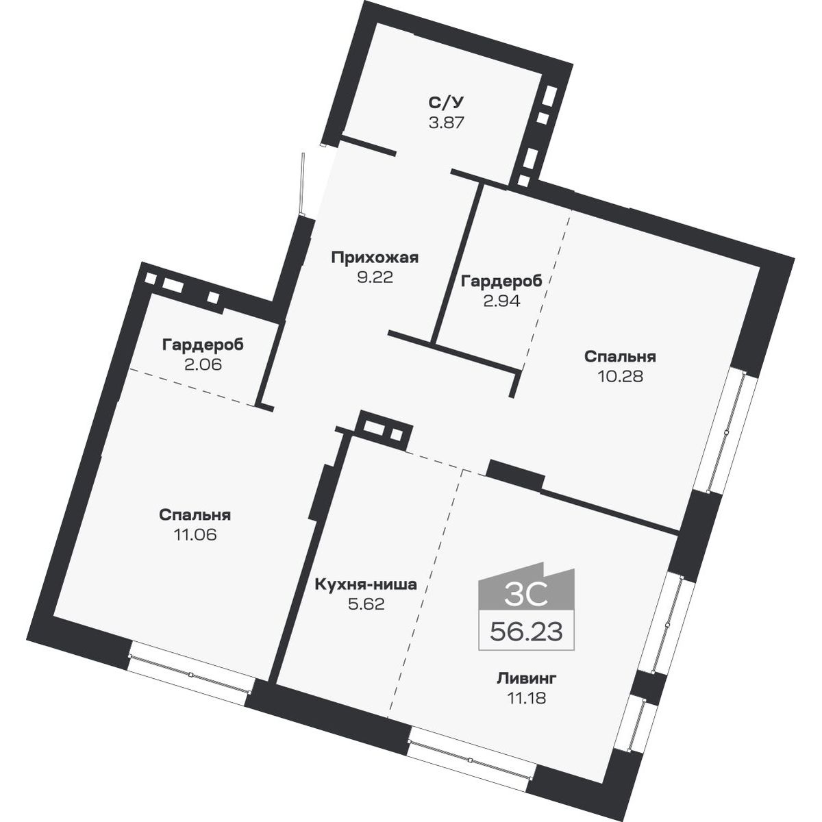 3-комнатная, 56.23 м², № 22 в Базилик