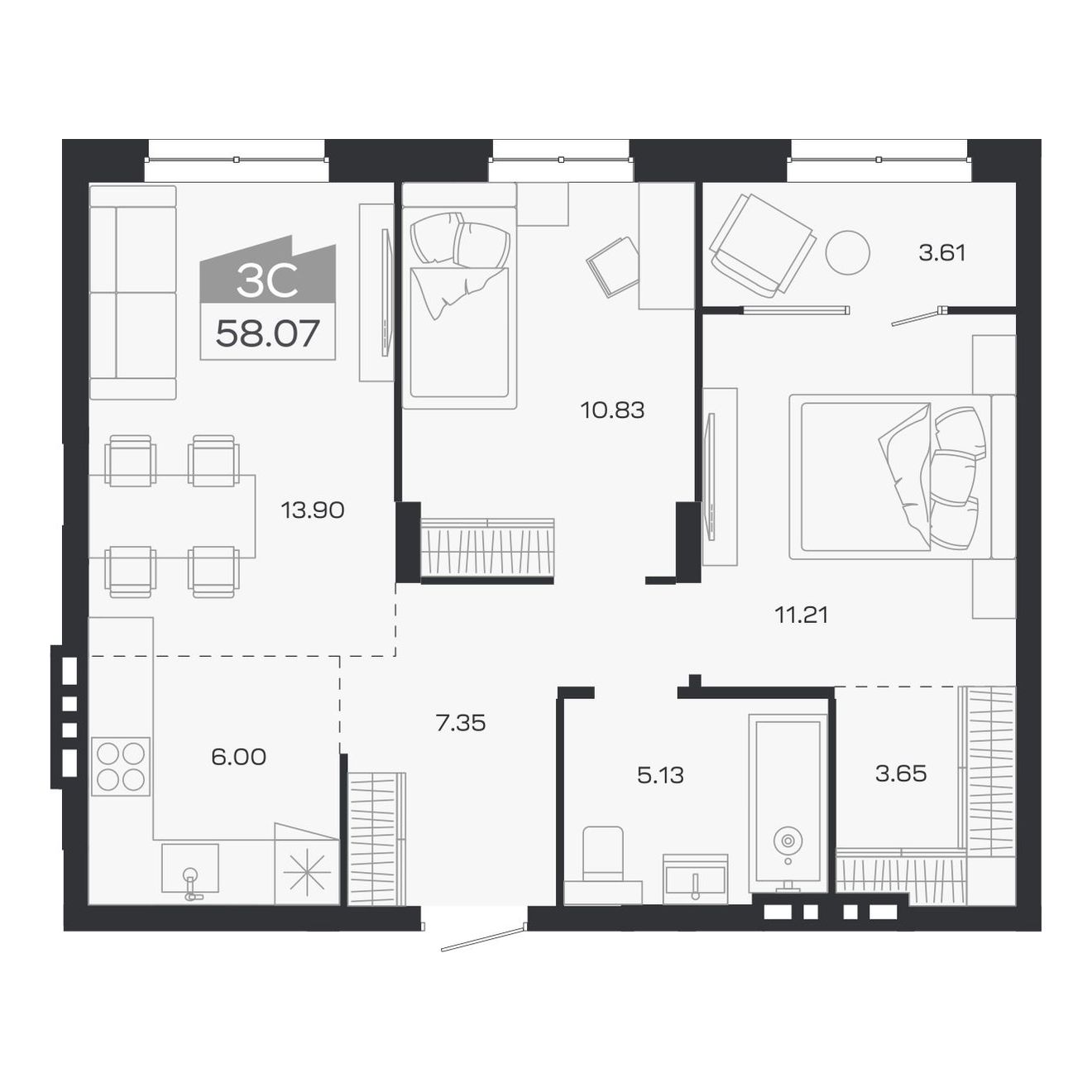 3-комнатная, 58.07 м², № 28 в Базилик