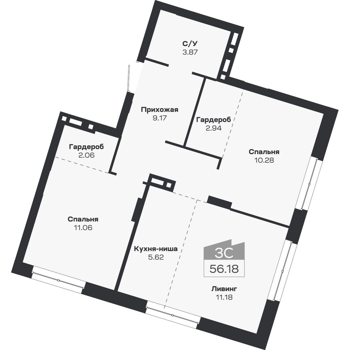 3-комнатная, 56.18 м², № 32 в Базилик