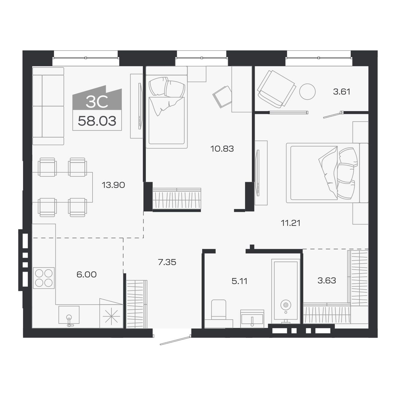 3-комнатная, 58.03 м², № 38 в Базилик