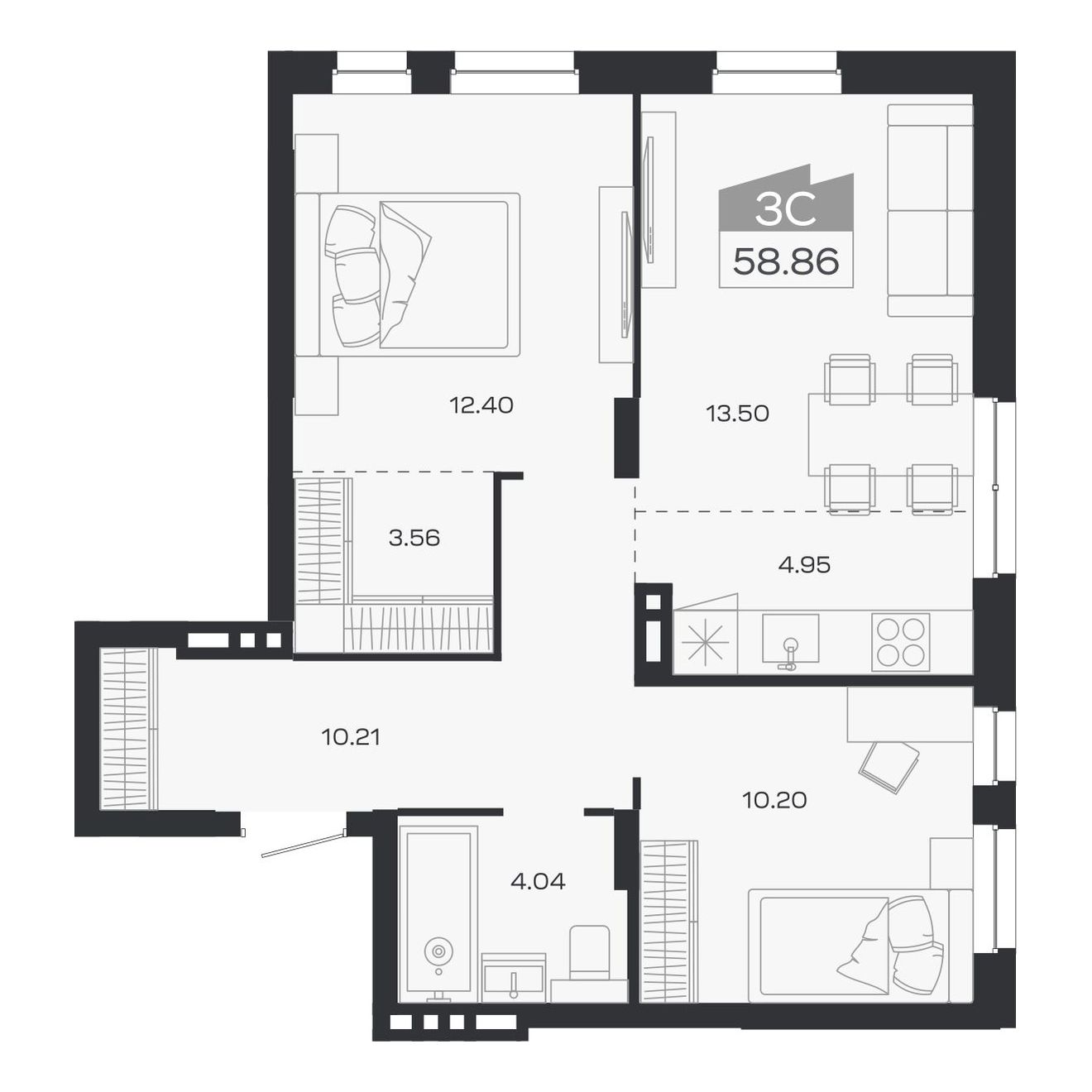 3-комнатная, 58.86 м², № 110 в Базилик