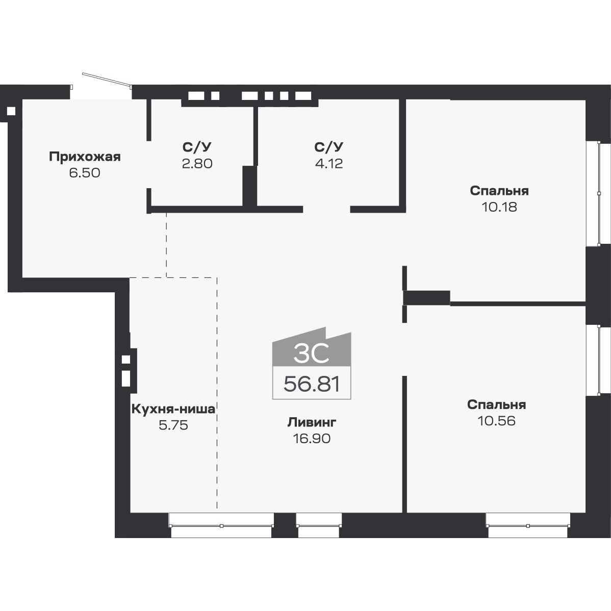 3-комнатная, 56.81 м², № 101 в Базилик