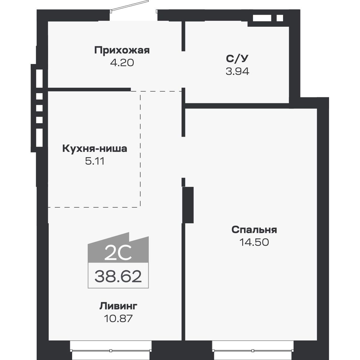2-комнатная, 38.62 м², № 103 в Базилик
