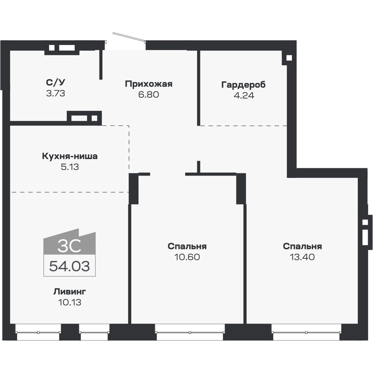 3-комнатная, 54.03 м², № 112 в Базилик
