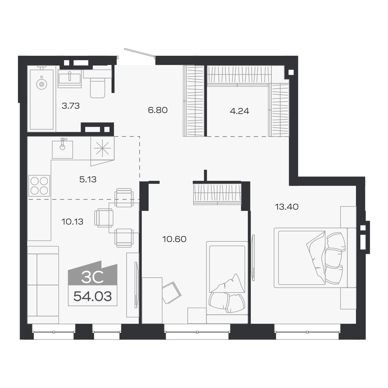 3-комнатная, 54.03 м², № 112 в Базилик