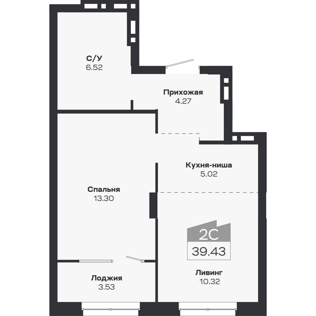 2-комнатная, 39.43 м², № 105 в Базилик